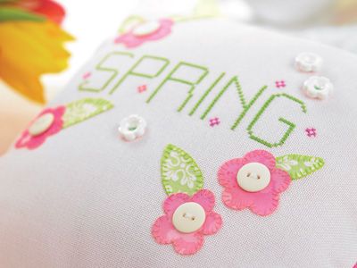 Spring Cross-stitched Cushion & Tag