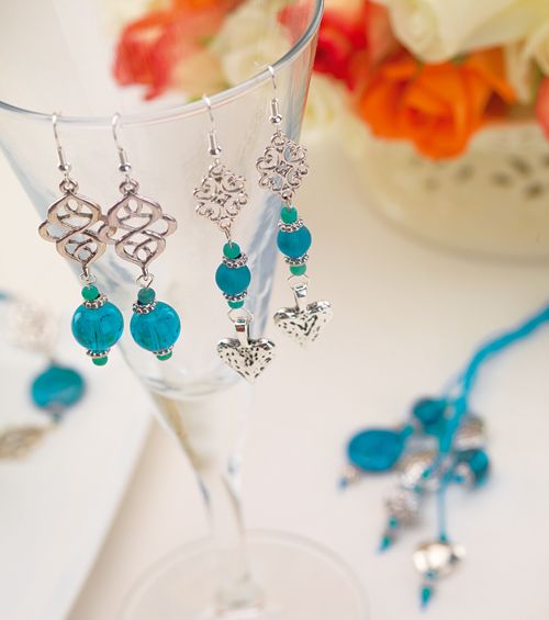 Silver Charm & Blue Bead Earrings