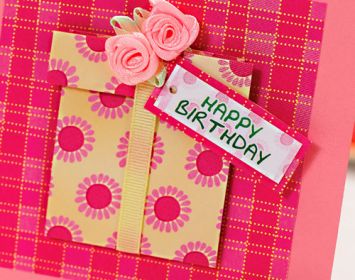 Fabric Roses Topped Present Card Fabric Roses Topped Present Card