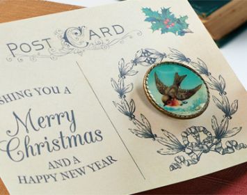 Vintage Christmas Brooch Postcard