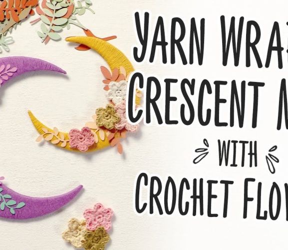 Yarn Wrapped Crescent Moon with Crochet Flowers Templates