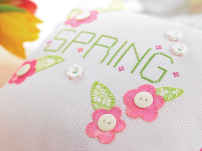 Spring Cross-stitched Cushion & Tag