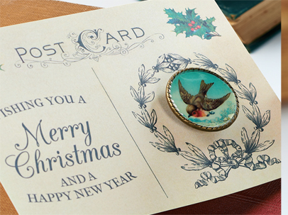 Vintage Christmas Brooch Postcard